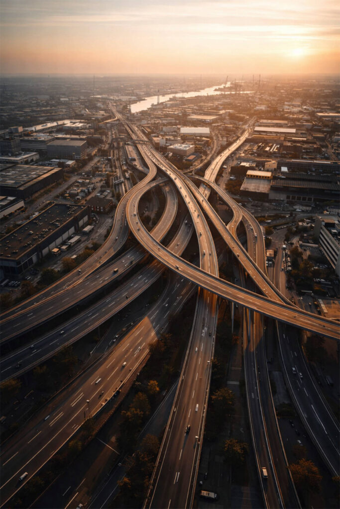 Luftaufnahme eines komplexen Autobahnkreuzes im warmen Morgenlicht als Bild für organisationale Orientierung und tragfähige Struktur im Wandel.